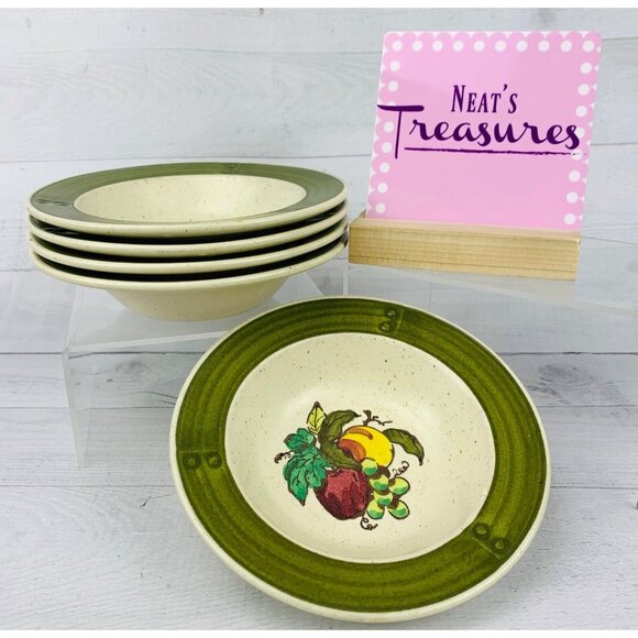 Vintage Metlox Poppytrail Vernon PROVINCIAL FRUIT GREEN Rim Dessert Bowl Set 5 - Picture 1 of 9